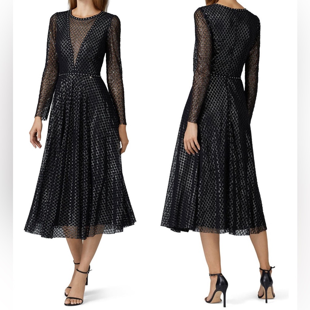 NISSA Black Printed Tulle Midi Dress Size 6